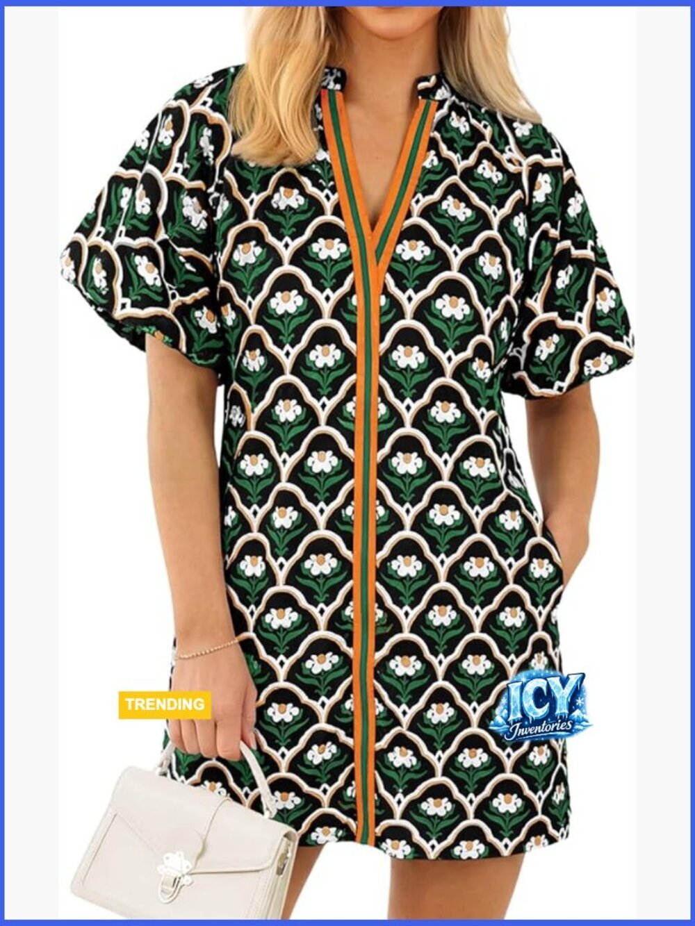 Floral Puff Sleeve V-Neck Boho Mini Dress with Pockets, Polyester Elastane